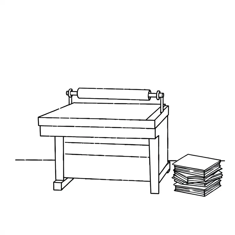 A line drawing of a flatbed proof press with its roller and a stack of paper beside it.