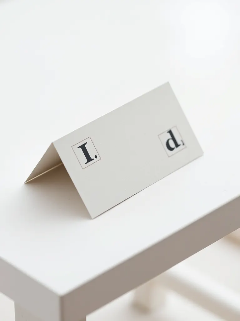 A small folded card printed in two flat colours on a pale bench, the letters out of focus and only the pressed ink texture sharp.
