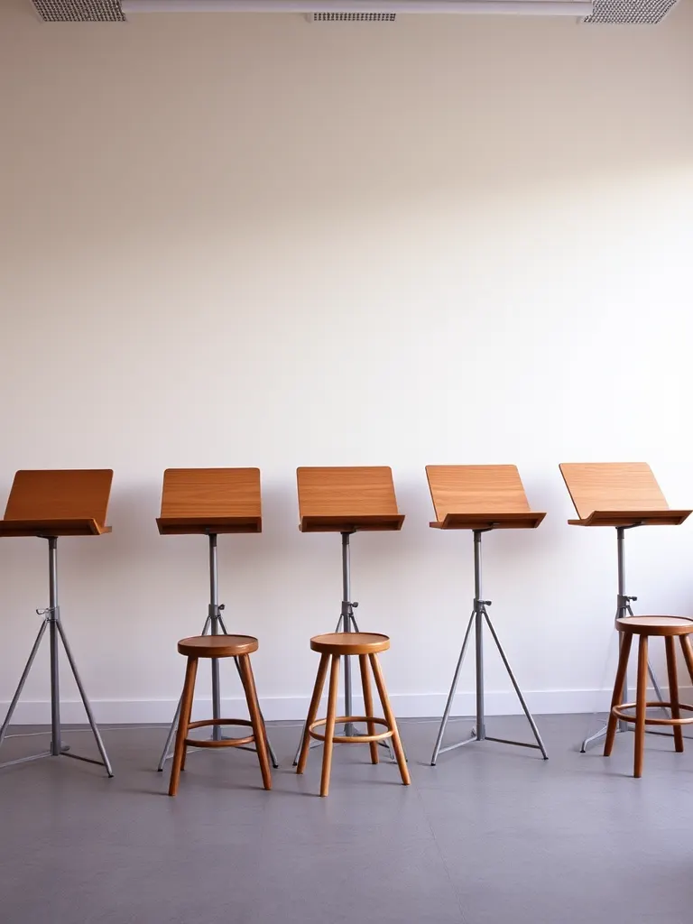 Six wooden composing stands in a row along a plain studio wall, type cases open and stools pushed in, before the evening class arrives.