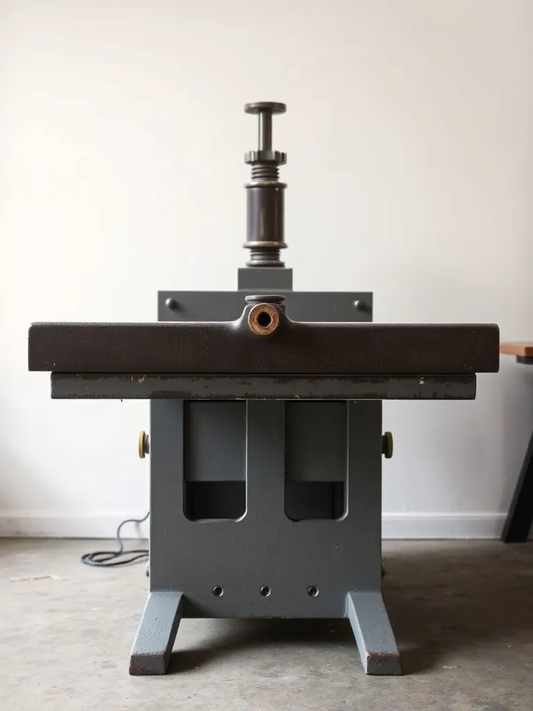 A cast-iron flatbed proof press seen from the end, its grey paint chipped at the edges, against a pale studio wall.