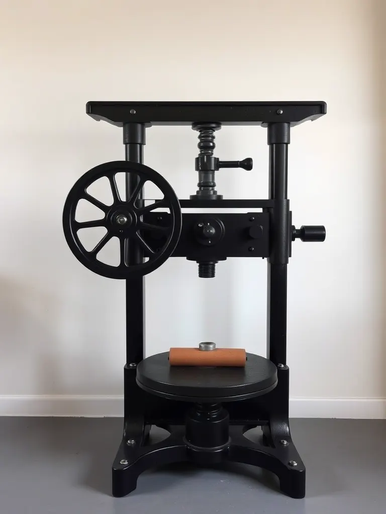 A black platen press with a heavy flywheel and treadle, ink rollers resting on the disc, on a swept studio floor.