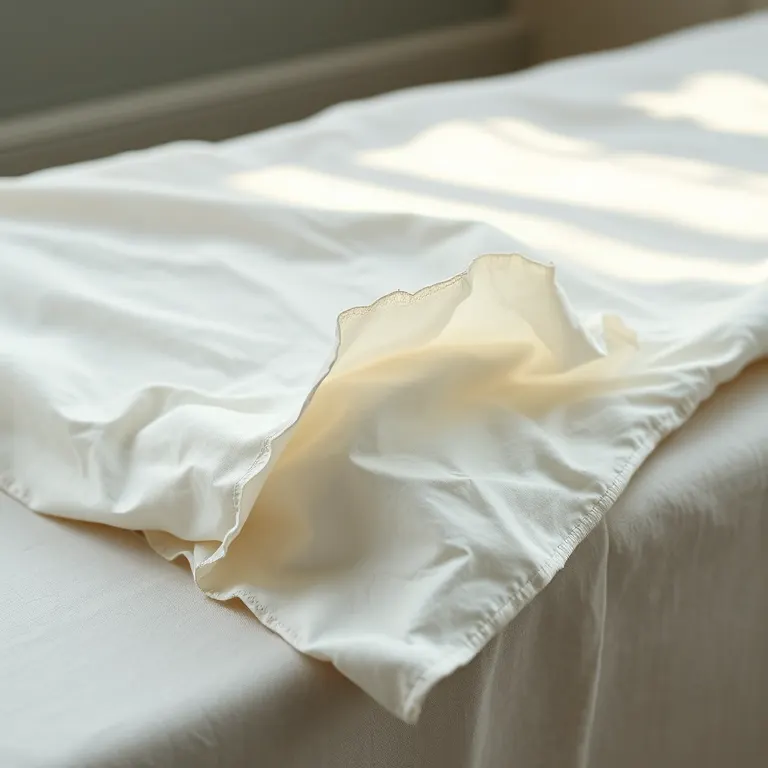 The torn deckle edge of a heavy cream cotton sheet lying blank on a pale bench, catching a rim of light.