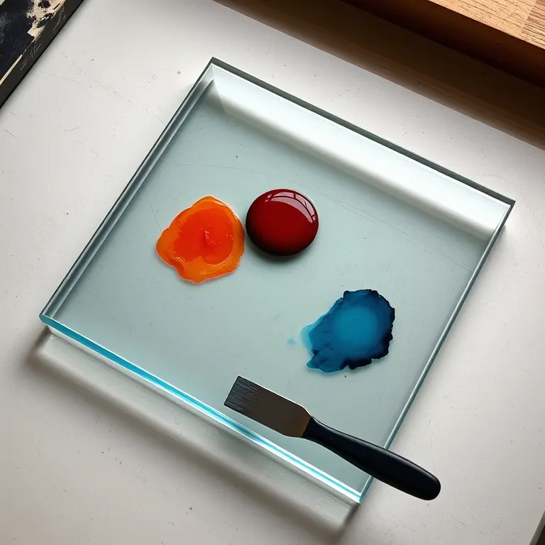 A glass ink slab with two weighed-out blobs of mixed ink, one warm red and one deep blue, a palette knife across the corner.