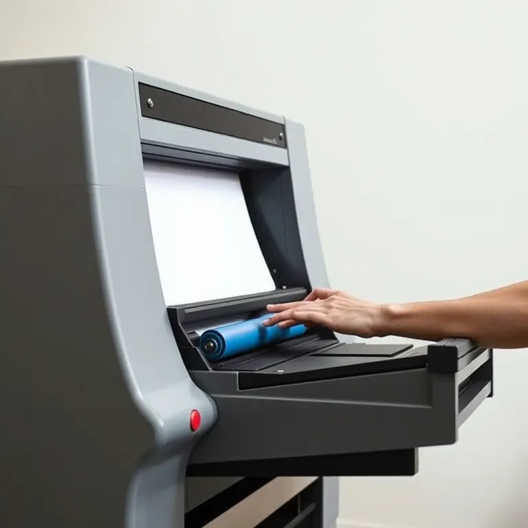 A grey risograph duplicator open at the side with a blue ink drum seated in its cradle, hands just withdrawing.