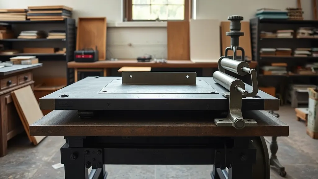 A cast-iron flatbed proof press with a metal forme locked up on its bed between furniture and quoins, the roller parked at the end.